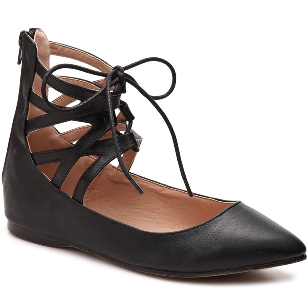 G.C. Shoes Chasse Black Suede Zip Up Lace Up Pointed Ballet Flats size 8